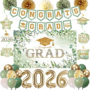 lot 28262 image: Graduation Decorations, Green Gold Class of 2026 Congrats Graduation Floral Backdrop, Balloons, Paper Pompoms for Graduation Party Decorations, Outdoor Indoor College Grad Party Decor - Retail $24