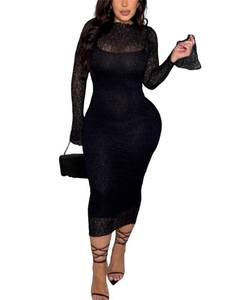 lot 28268 image: Womens Elegant Bodycon Midi Dress Lace Sheer Mesh Long Sleeve Slim Fit Long Dress Party Cocktail Wedding Guest Dress Black - Retail $43