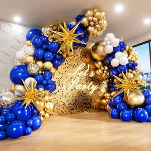 lot 28273 image: 136pcs Royal Blue and Gold Balloons Arch Garland Kit with Star Foil Balloons, 5 10 12 18 inch Navy Blue White and Gold Balloon for Anniversary Wedding New Year Birthday Party Decorations - Retail $13
