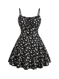 lot 28282 image: Womens Plus Size Floral Summer Dresses Boho Short Sundress Holiday Cami Flowy Dress Black Large Plus - Retail $30