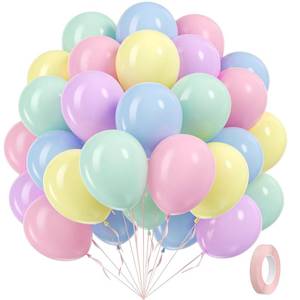 lot 28284 image: 60pcs Pastel Balloons 12inch, Pastel Color Balloons with Light Pink Green Yellow Blue Purple Balloon for Easter Rainbow Baby Shower Birthday Party Decorations - Retail $6