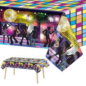 lot 28285 image: 3 Pieces Disco Tablecloth for 70s Disco Party Decoration 70s Table Cover Plastic Rectangle Table Decor for woman and man 1970s Fever Music Record Neon Night Birthday Party Supplies 54 x 108 Inch - Retail $9