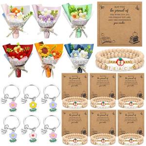 lot 28288 image: 6 Set Back to School Teacher Appreciation Gift, Positive Handmade Mini Crochet Flowers Bouquet Flower Keychains Wooden Bead Bracelet with Card Thank You for Helping Me Grow Gift (Bright) - Retail $20
