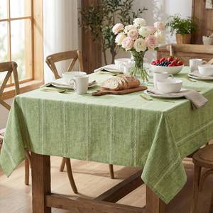 lot 28289 image: Sage Green Cotton Blend Tablecloth 60�104 Inch Rectangular, Farmhouse Style, Wrinkle Resistant Washable Table Cloth, Hemstitched Embroidery Table Cover for Home - Retail $27