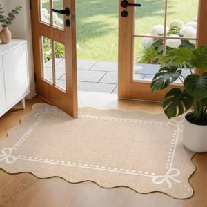 lot 28296 image: Scalloped Bow Rug 2x3, Soft Faux Wool Washable Area Rug for Kitchen Floor, Non Slip Low Pile Entryway Rugs, Nursery Bedroom Decor, BeigeBrown - Retail $24