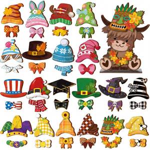 lot 28348 image: 42 Pcs Summer Highland Cow Interchangeable Wooden Sign Decor Seasonal Holiday Farmhouse Rustic Tiki Desk Accessories Welcome Ornament for Tiered Tray Shelf Table Home Office Gift - Retail $16