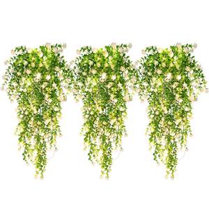 lot 28375 image: 3 Pcs Hanging Fake Plants Fake Vines Artificial Plants Large Faux Hanging Plant with 30 LED String Light, Artificial Greenery Wall Indoor Outdoor(White) - Retail $20