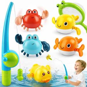 lot 28384 image: Bath Toys for Kids Ages 1-3, Magnetic Fishing Game with Mold Free Wind Up Bath Toys for Toddlers 1-3 & Toy Fishing Pole & Fishing Net, Water Table Pool Fun Bathtub Toys for Baby Infant - Retail $20