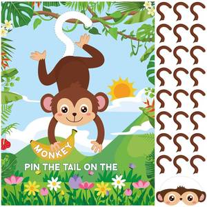 lot 28410 image: Jungle Animal Games Pin The Tail on The Monkey Safari Animal Birthday Party Games with Monkey Poster 24 Pcs Tail Stickers and Blindfold for Safari Jungle Zoo Forest Party Decorations Supplies - Retail $10