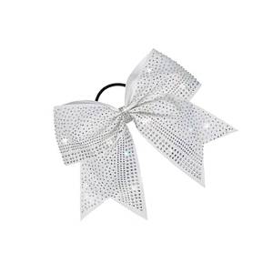 lot 28411 image: 1 PCS 8 Large Glitter Cheer Bows Rhinestones White Hair Accessories Shimmering Elastic Band for Athletes College Sports Teams Specific Gifts Sparkling Ponytail Holder - Retail $7