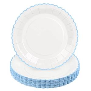 lot 28412 image: 30 Pcs Blue and White Paper Plates, 9 Inch Baby Shower White Dinner Plates, Baby Blue Scalloped Paper Plates Party Supplies for Baby boy Shower, Wedding, Birthday, Bridal Shower - Retail $10