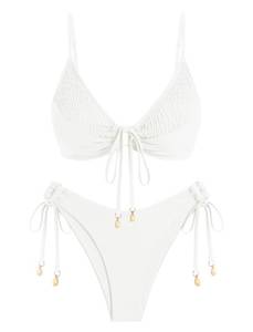 lot 28417 image: Womens Triangle Bikini Set O Ring Tie String Two Piece Swimsuit Smocked High Cut Bathing Suit White - Retail $35