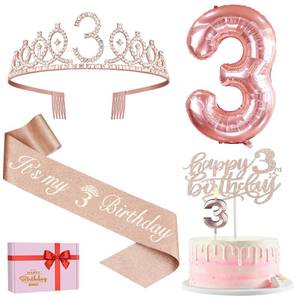 lot 28418 image: 3rd Birthday Decorations for Girls, Including 3rd Birthday Sash and Tiara, Cake Topper and Candle, Number Balloon, 3 Year Old Gifts for Girls - Retail $14