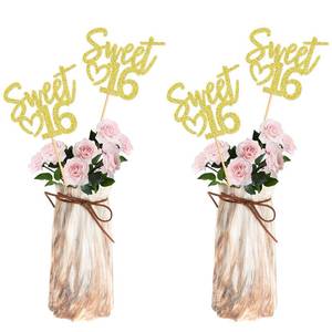 lot 28461 image: 12Pcs Happy Sweet 16 Party Centerpiece Sticks Golden 16th Birthday Flower Toppers for Boys Girls 16th Birthday Table Decorations Floral Table Topper 16th Golden Birthday Party Centerpiece - Retail $7