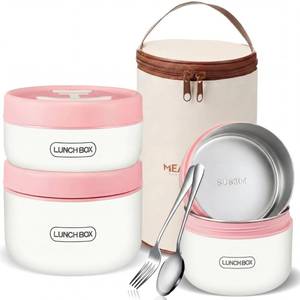 lot 28465 image: 3 Pcs Portable Insulated Lunch Container Set for Adult, Stackable Stainless Steel Bento Box for Hot Food with Insulated Lunch Bag Unisex 3 Separate Thermal Food Container (Pink) - Retail $24