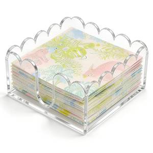 lot 28466 image: Scalloped Acrylic Napkin Holder - Clear Square Cocktail Napkin Holder for Table, Chic Wavy Edge Paper Dispenser for Bar, Kitchen & Beverage (5.91 � 5.91 � 2.36 inches) - Retail $16