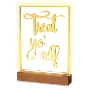 lot 28467 image: LED Acrylic Bar Table Sign 8 x 10 Neon Acrylic Table Centerpiece, Snack Candy Bar Centerpiece with Stand White Text for Dessert Flower Room Decor (Treat Yoself) - Retail $24