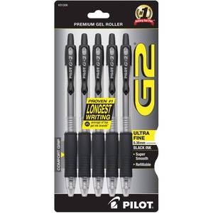 lot 28473 image: Pilot G2 Premium Refillable and Retractable Rolling Ball Gel Pens, Ultra Fine Point, Gel Ink Pens, 0.38mm, Black Ink, 5-Pack - Retail $7