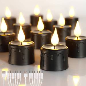 lot 28476 image: 12PCS Black Rechargeable LED Tea Lights Candles with 6H Timer, Halloween Melting Flameless Flickering Candle, Warm White Electric Fake Candles with 2USB Charging Cable, Holiday Home Decor - Retail $26