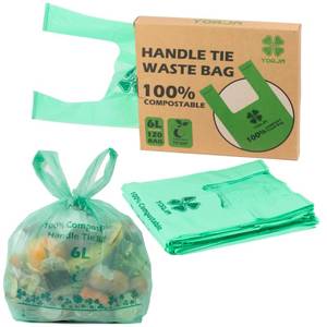 lot 28510 image: 1.6 Gallon Tie Handles Compost Trash Bags 120 Food Scrap Bags, Compostable Kitchen Waste Bags with Europe EN13432 & ASTM D6400 Certified - Retail $10