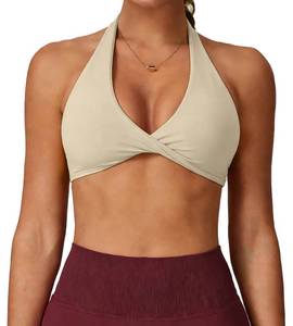 lot 28513 image: Halter Sports Bras Padded Open Back V Neck Yoga Bra Workout Crop Tank Top Sexy Gym Bra Low Impact Beige - Retail $14
