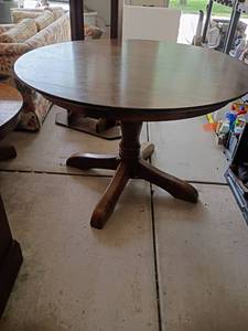 lot 901 image: Round Wooden Kitchen Table with Pedestal Bottom.  No Chairs.  30 x 46