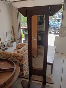 lot 903 image: Wooden Free Standing Mirror with Wrought Iron Hooks.  67 x 32 x 19