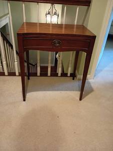 lot 936 image: Morganton Furniture Co. Small Table with Curved Front and Drawer.  Located upstairs.  27. X 24 x 16
