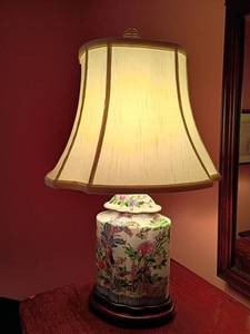 lot 938 image: Ceramic Floral Table Lamp with Wood Base.   25in. tall.  Located upstairs