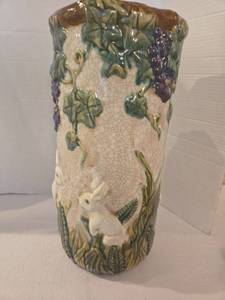 lot 1016 image: Majolica, pottery umbrella stand or large floor vase with raised rabbit and grape motifs, 17in tall
