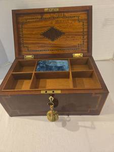 lot 1019 image: Nineteenth century walnut or mahogany jewel box with intricate geometric inlay work, 10in wide