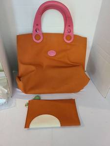 lot 1033 image: Longchamp Orange and Pink Canvas Tote Bag with Cosmetics Bag