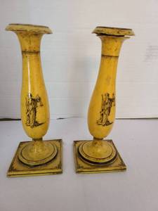 lot 1035 image: Toleware candlesticks pair, 8in tall