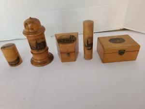 lot 1038 image: Antique Wooden Souvenir Collection 5 Pieces Boxes Containers Cylinders
