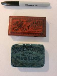 lot 1040 image: Vintage Tobacco Tin Edgeworth Extra High Grade Plug Slice and Le Parfait Ink Pad Tin