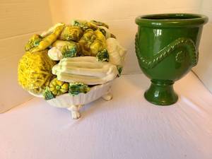 lot 1052 image: Majolica Vegetable 4 footed base with vegetable top attached, and Green Urn Planter. One leaf is broken.