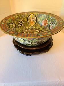 lot 1055 image: Decorative Bowl with Wood Stand, Floral and Figural Motif, 16in diam.