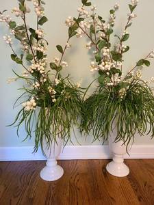 lot 1056 image: 2 ivory colored ceramic vases with floral decor, overall height 39 inches.