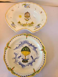 lot 1068 image: Pair Faience Plates Hot Air Balloon Landscape Design