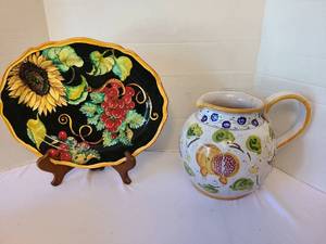 lot 1074 image: Ksiena Italy Hand-Painted Ceramic Plate and Pitcher Set