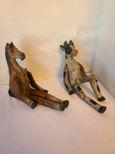 lot 1077 image: Pair of Carved Wood Animal Figurines Horse and Cow with Articulated Limbs 11 in tall