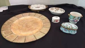 lot 1109 image: Trinket Boxes, 22 Caret Gold Plate Saucer with Base, Capiz Shells Charger, and More
