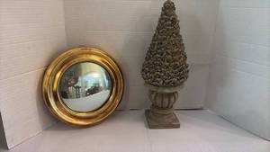 lot 1128 image: Hanging Mirror 9.5 dia with Gold Frame and Decorative Tree