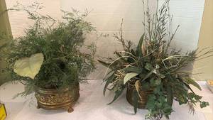lot 1129 image: Decorative Gold-Tone Footed Planters with Faux Greenery 18 in tall