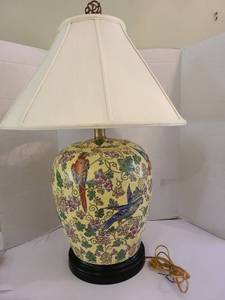 lot 1157 image: Ceramic Table Lamp with Yellow Glaze, Bird and Grape Motif, 29in tall