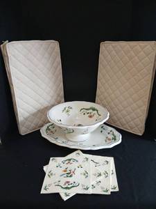 lot 1202 image: Gien France Floral Dinnerware Set with tea set, plates,  Serving Bowl, Platter, and Napkins must bring your own packing and boxes. 80 pc