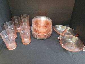 lot 1215 image: Pink Depression Glass Dinnerware Set Dishes Cups Plates