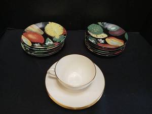 lot 1217 image: Lenox Olympia and Limoges 4 saucers 1 cup X-303 plus 12 Limoges Philippe Deshoulieres small porcelain dessert plates