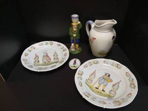 lot 1218 image: Henriot Quimper Faience Pottery Lot Plates Pitcher Figurine