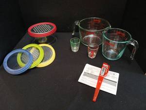 lot 1220 image: Pyrex Measuring Cup Set with Grater Attachments and Accessories thermometer
